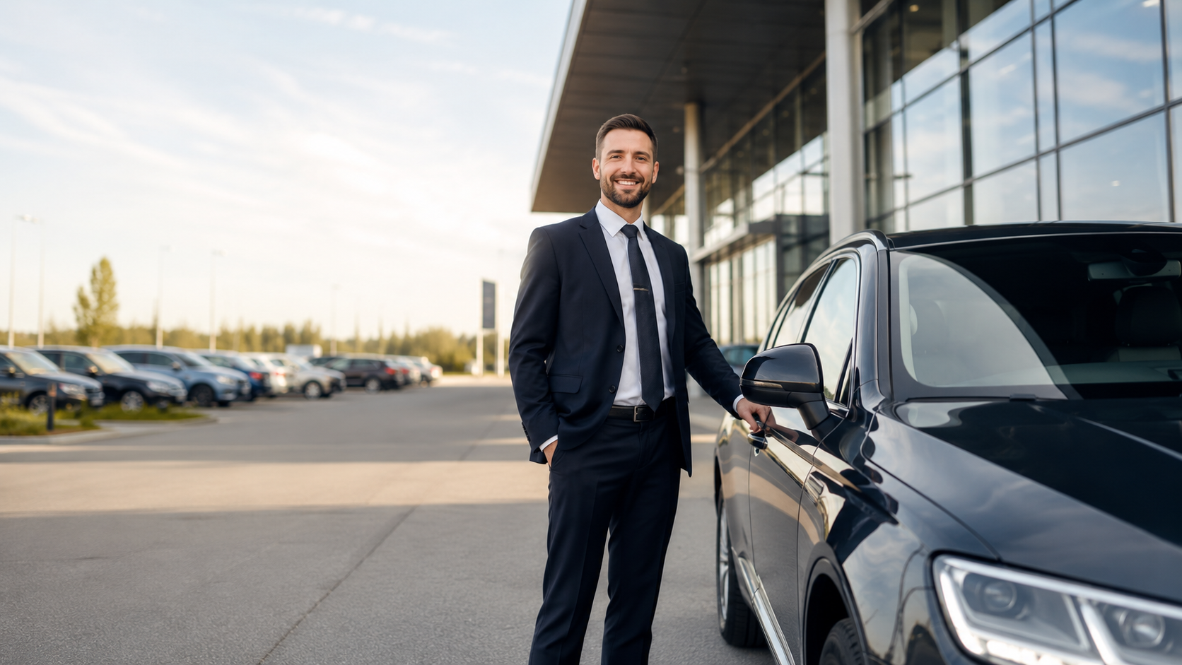 Professionelle Fahrzeugübergabe vor einem modernen Gebäude